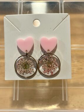 Handmade Pink Heart Dangle Earrings with Pressed Flower
